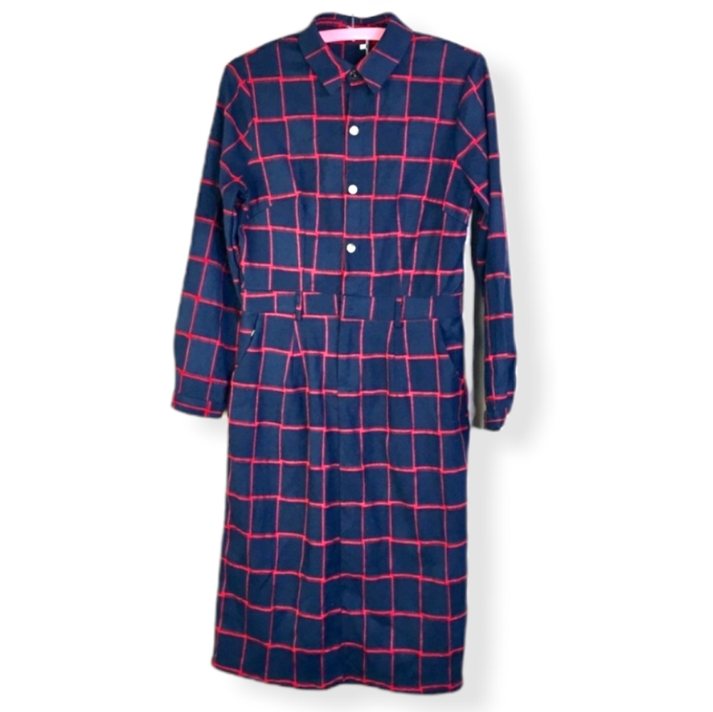 NWT Plaid Long Sleeve Dress Button Front pockets 1408